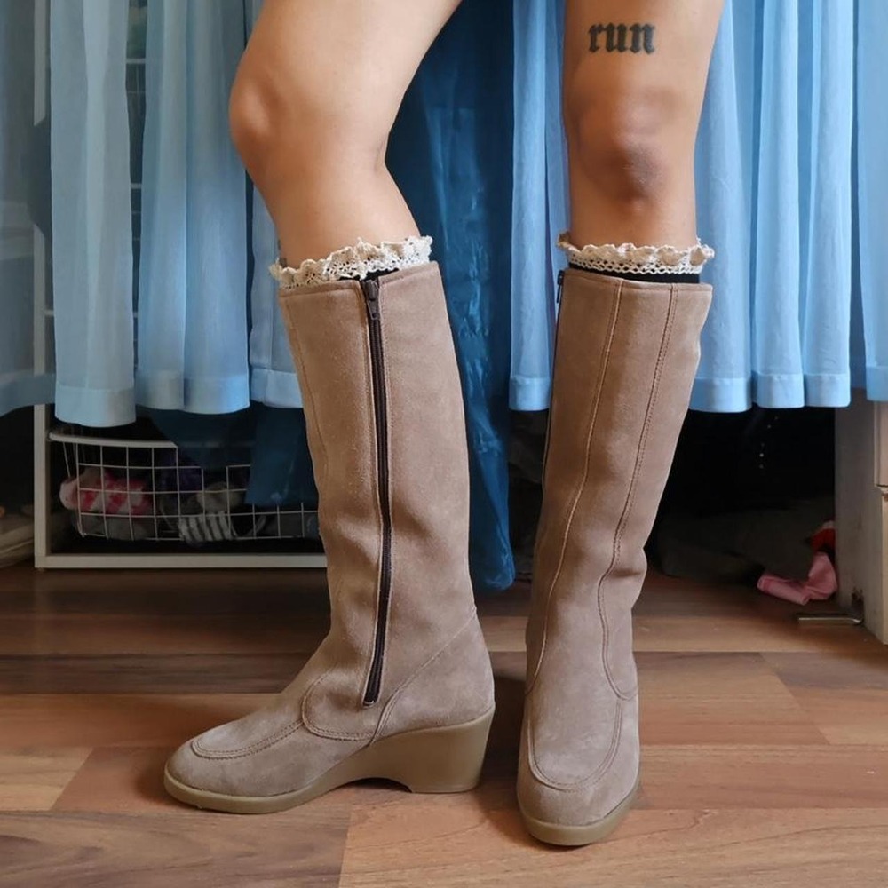 BAMA Shearling-Lined Suede Wedge Knee-High Boots
